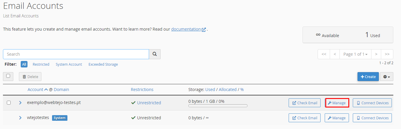 Botão Gerir no cPanel